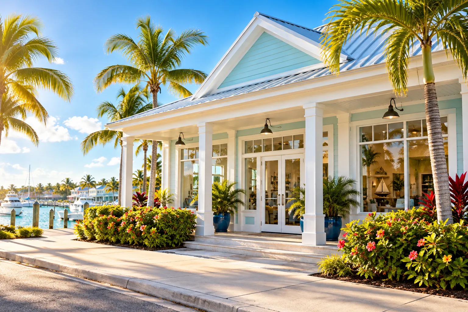 A waterfront office building with palms and a marina on Abaco