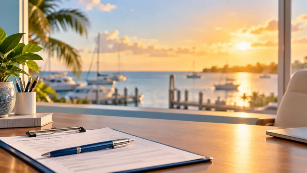 An insurance form and pen on a desk overlooking the harbour