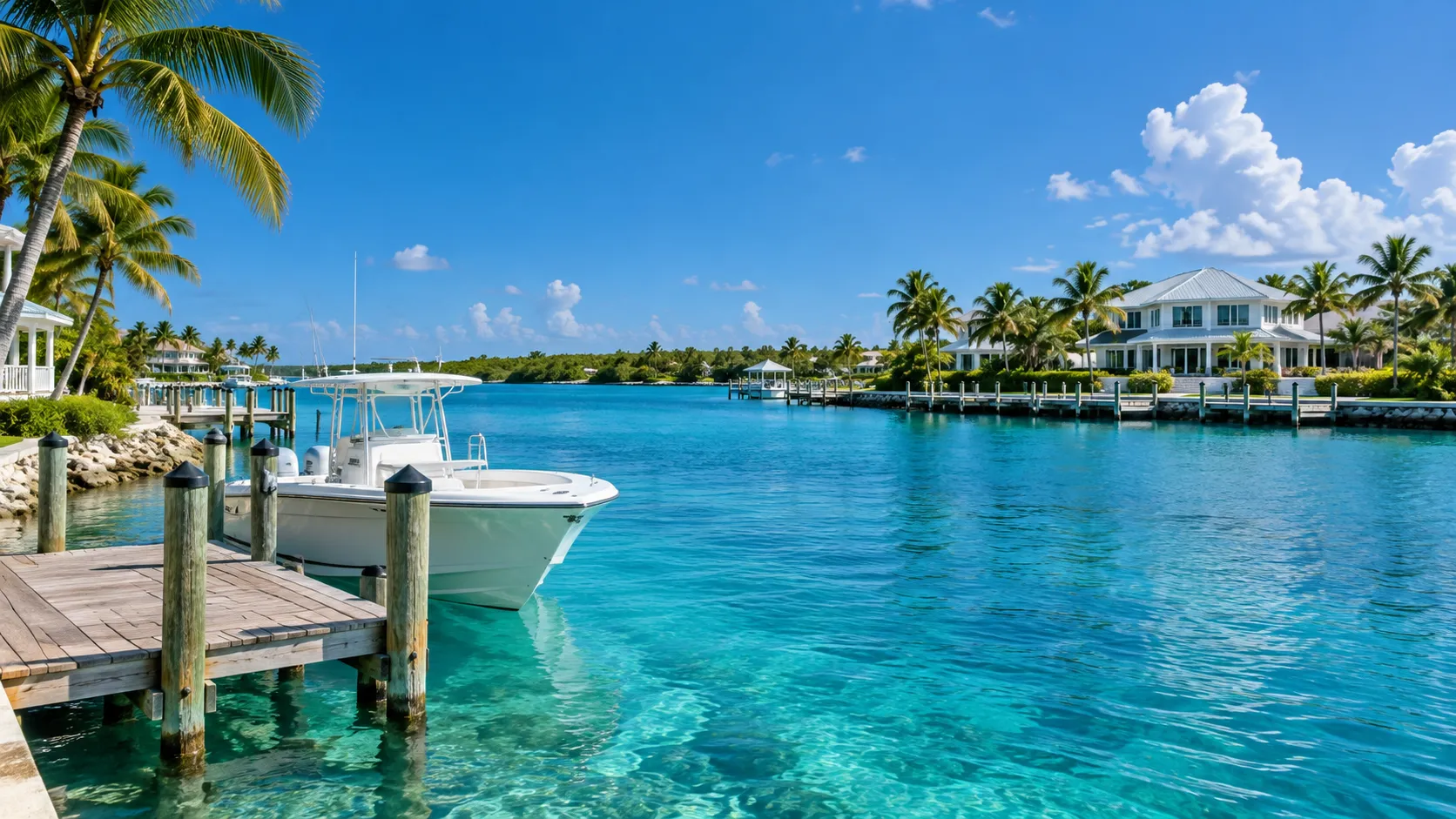 A boat moored at a dock in clear turquoise water on Abaco